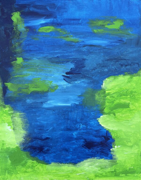 Blauw/groen abstract acryl schilderij